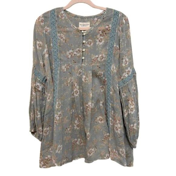 Denim & Supply Ralph Lauren Peasant Top Womens Large Green Floral Crochet Trim - Picture 1 of 8